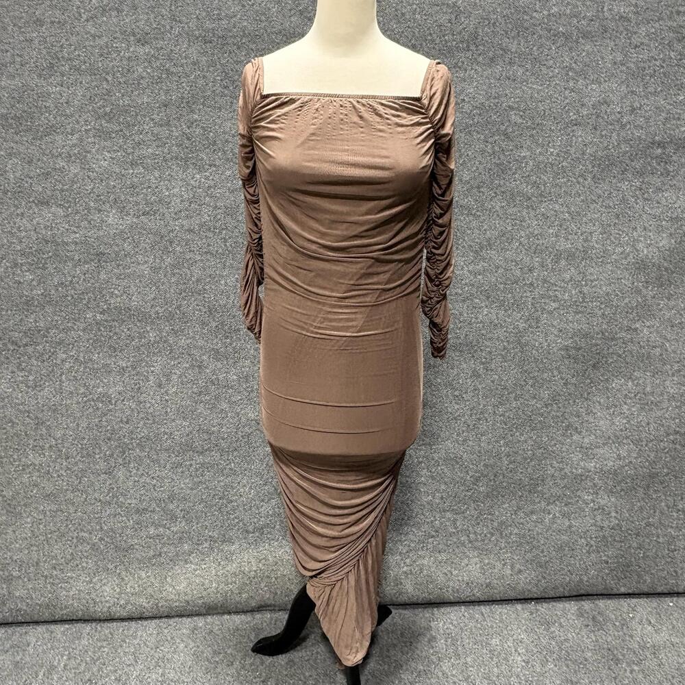 Caroline Constas Dress Womens L Brown Ruched Sleeve Square Neck Bodycon Maxi